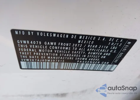 2013 Volkswagen Jetta S z USA, uszkodzony, nr VIN 3VW2K7AJ6DM397913